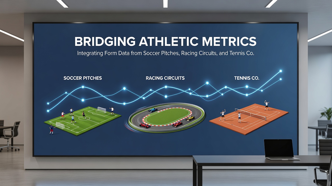 Data visualization dashboard merging soccer, racing, and tennis statistics for accumulator layers
