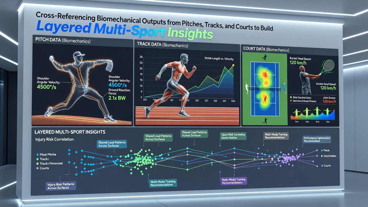 Data visualization dashboard displaying synchronized biomechanical metrics from multiple sports for wager structuring