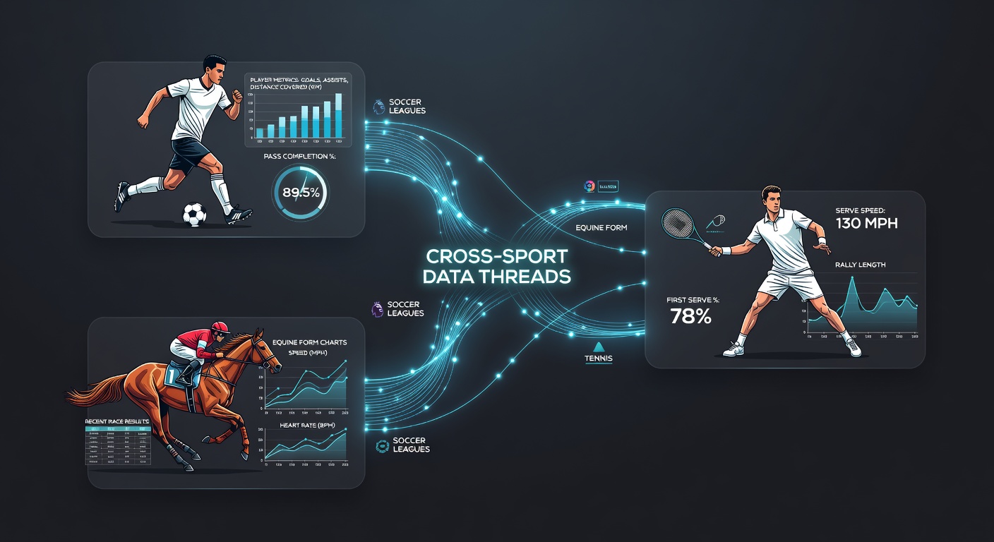 Close-up of data visualization dashboard merging soccer expected goals, equine speed figures, and tennis serve percentages into a single accumulator model