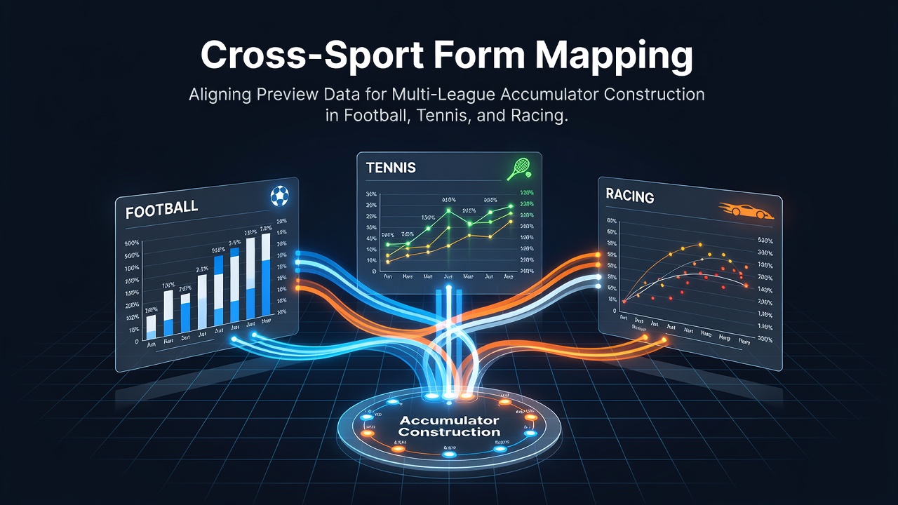 Cross-sport data mapping dashboard showing aligned preview statistics for football matches, tennis tournaments, and racing fixtures