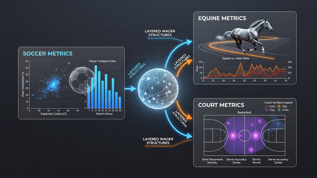 Detailed graphs showing metric correlations between equine speed, soccer endurance, and tennis accuracy in layered betting models