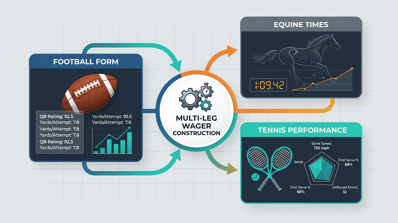 Detailed charts showing equine sectional times alongside football distance metrics and tennis rally duration data for accumulator planning