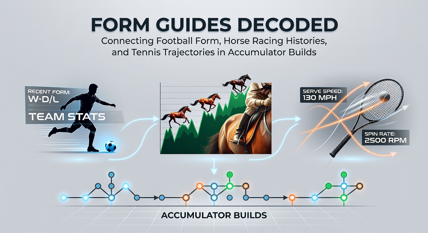 Visual breakdown of form guides showing football match stats, horse racing charts, and tennis player trajectories overlaid for accumulator betting strategies
