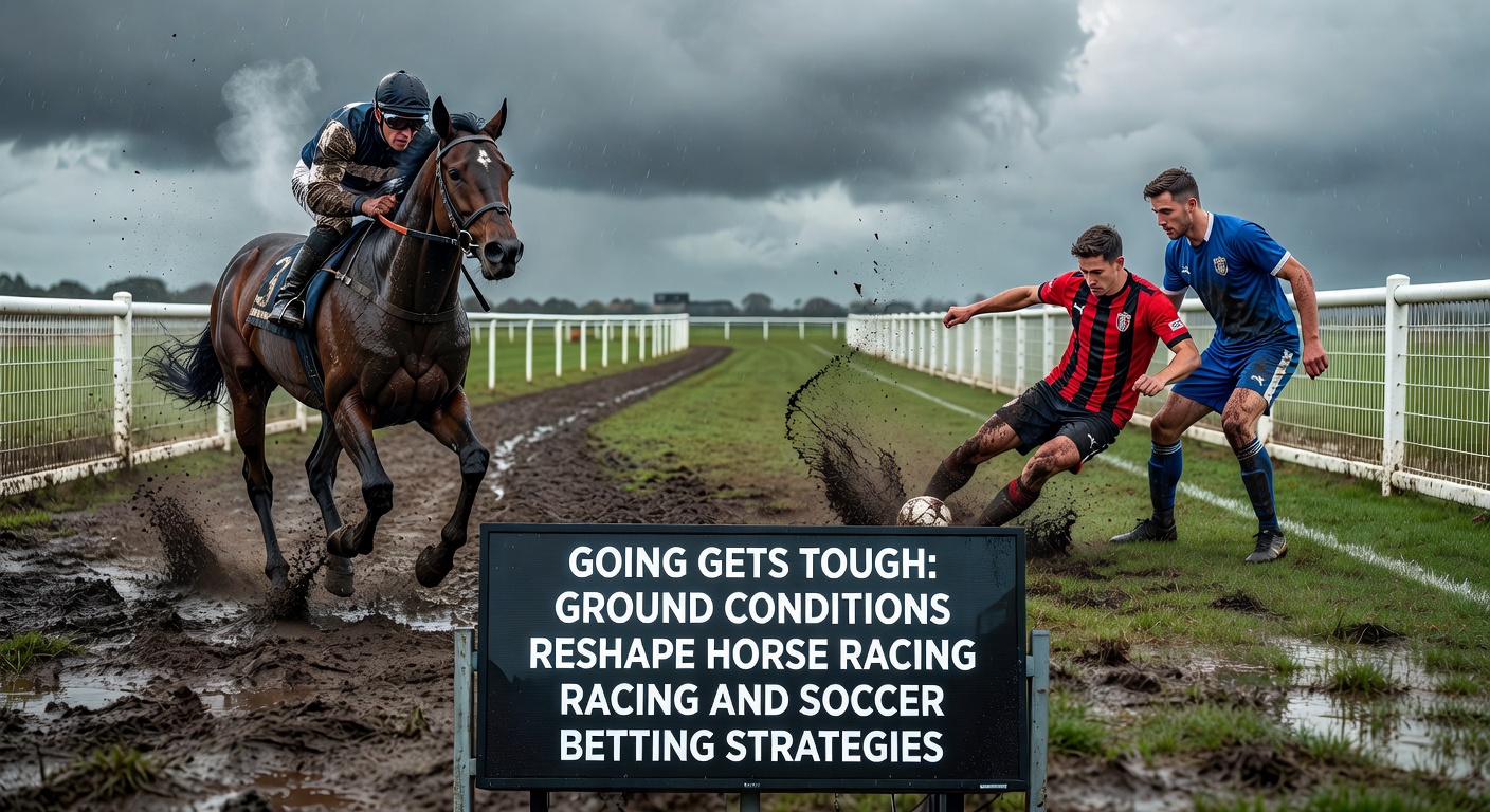 A horse racing track turned muddy under heavy rain, with jockeys navigating challenging ground while spectators watch intently