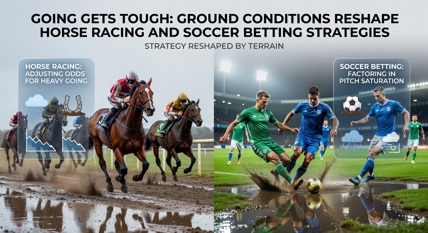 A soccer pitch soaked by rain, players sliding as the ball pools water during a tense match moment