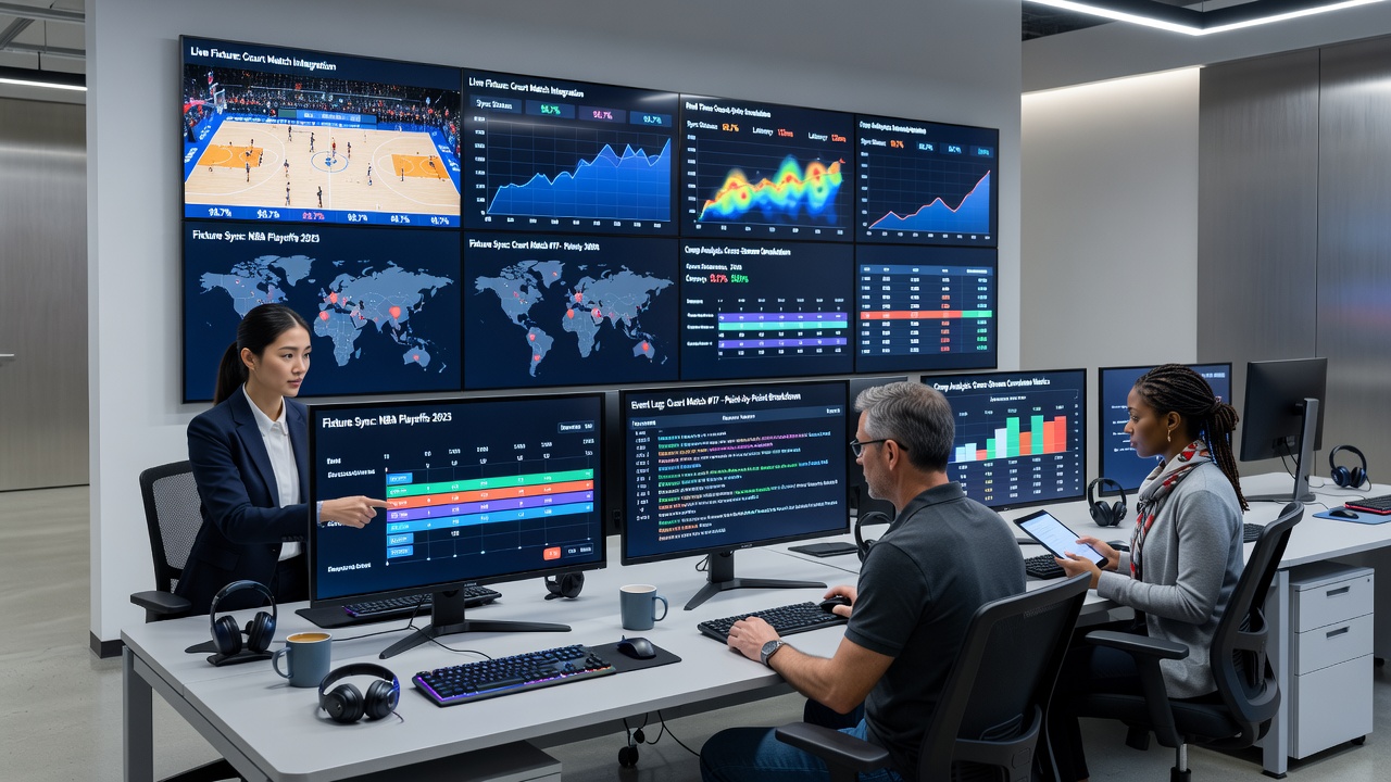 Multi-screen workstation displaying merged data streams from soccer leagues, equine tracks, and tennis arenas during a June 2026 analysis session