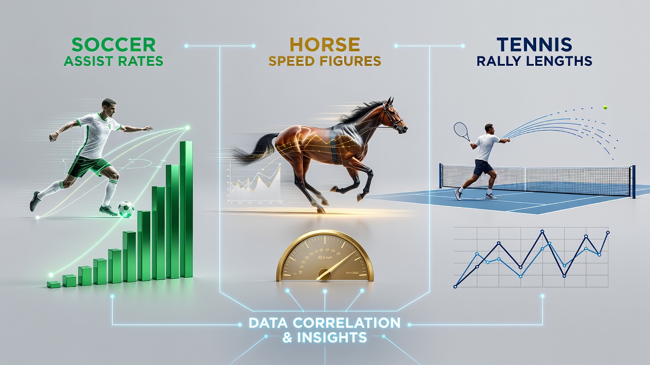 Analytical dashboard displaying interlinked metrics from soccer, horse racing, and tennis used in bet structuring