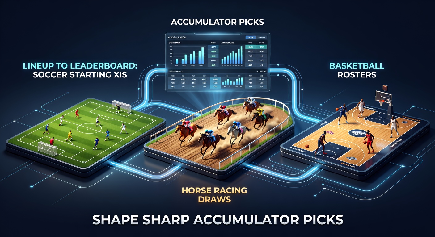 Collage showing soccer players lining up, horses at starting gates, and basketball team huddle before tip-off