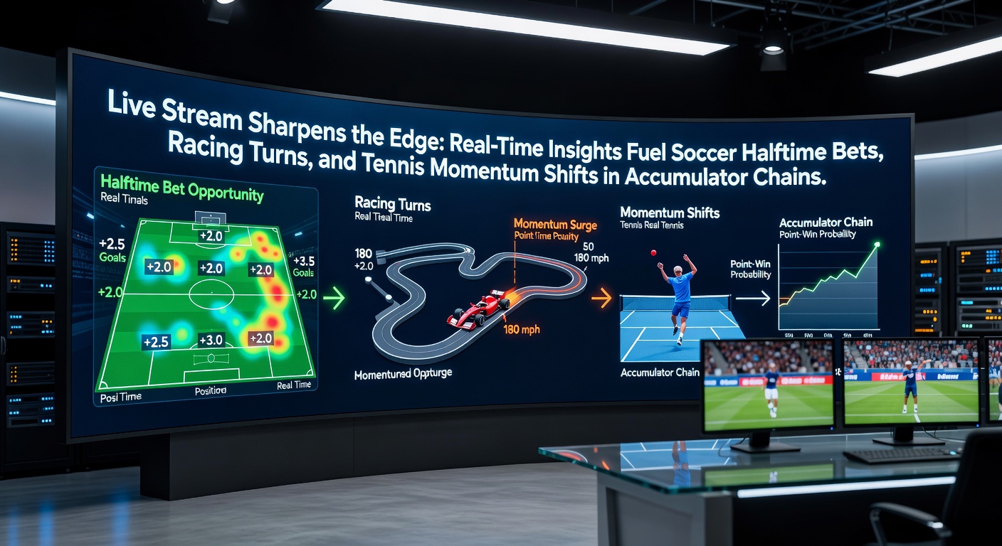Dynamic live stream overlay showing soccer halftime analysis, a horse racing turn, and tennis momentum shift graphics during an accumulator bet build