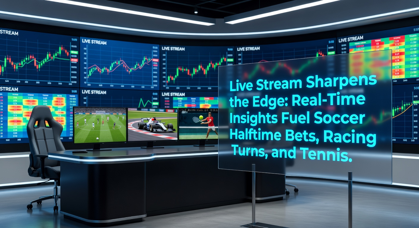 Split-screen live stream capturing soccer halftime tactics board, tight racing turn with horses neck-and-neck, and tennis player momentum surge mid-rally