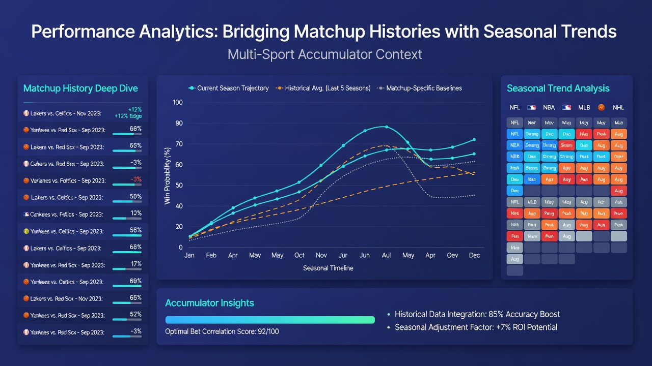 Multi-sport accumulator construction interface showing overlaid seasonal trend lines and historical matchup heatmaps
