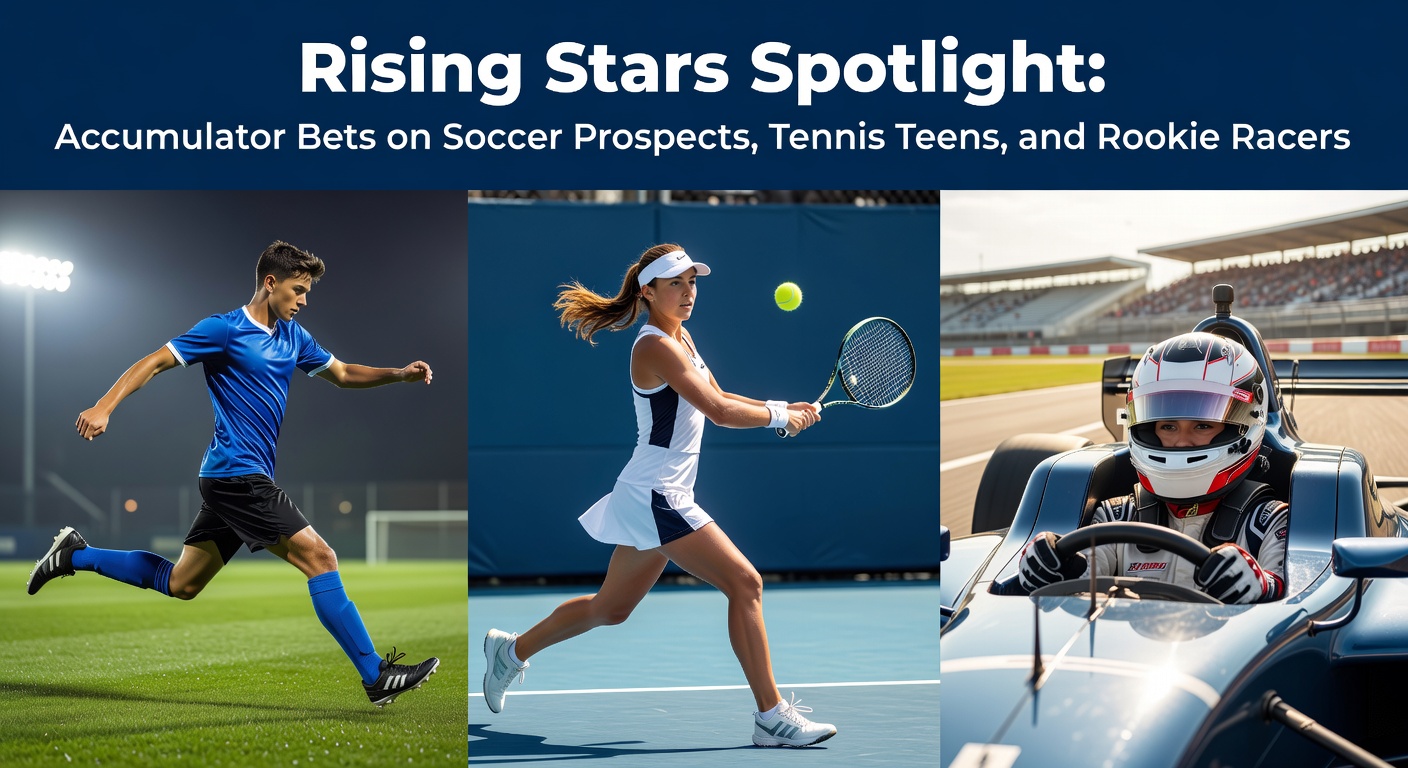 A young soccer prospect celebrates a goal while a tennis teen serves fiercely and a rookie racer speeds down the track, highlighting accumulator bet excitement