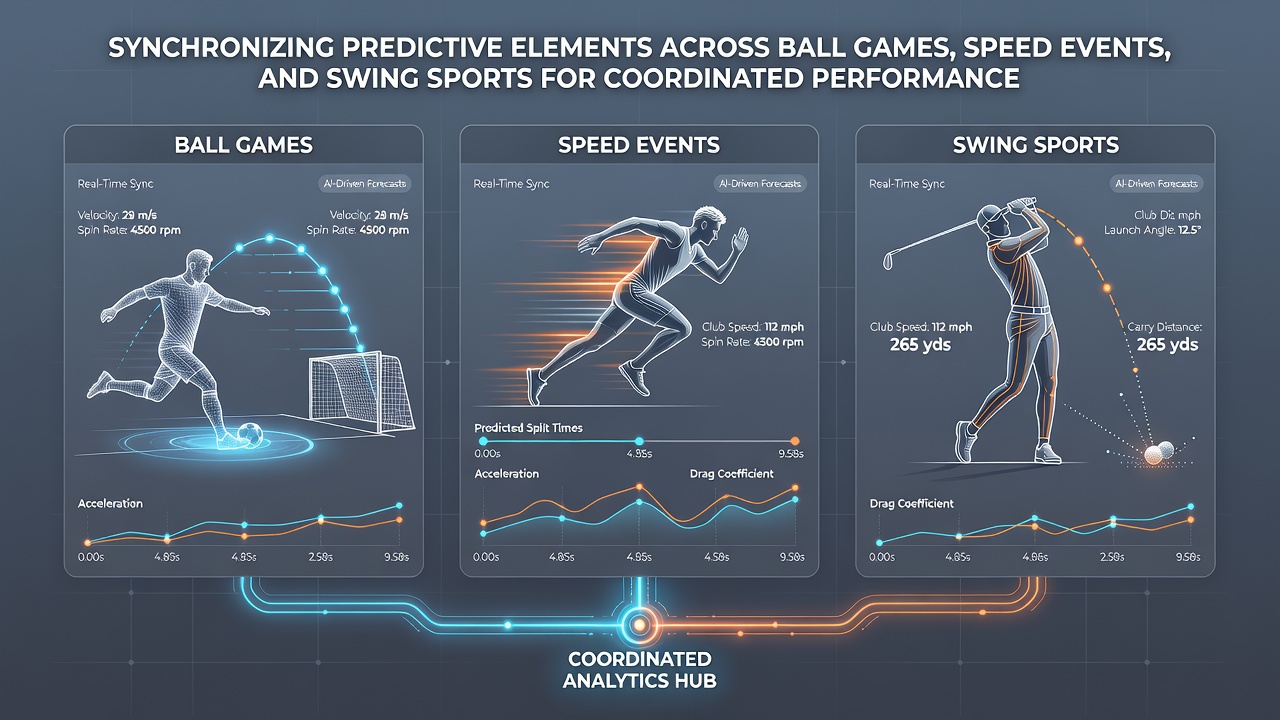 Infographic illustrating synchronized data flows between soccer, racing, and tennis predictive models