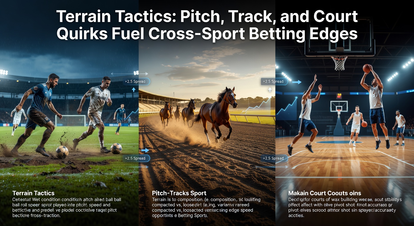 Aerial view of a soccer pitch transitioning to a horse racing track and tennis court, highlighting surface variations in sports betting contexts
