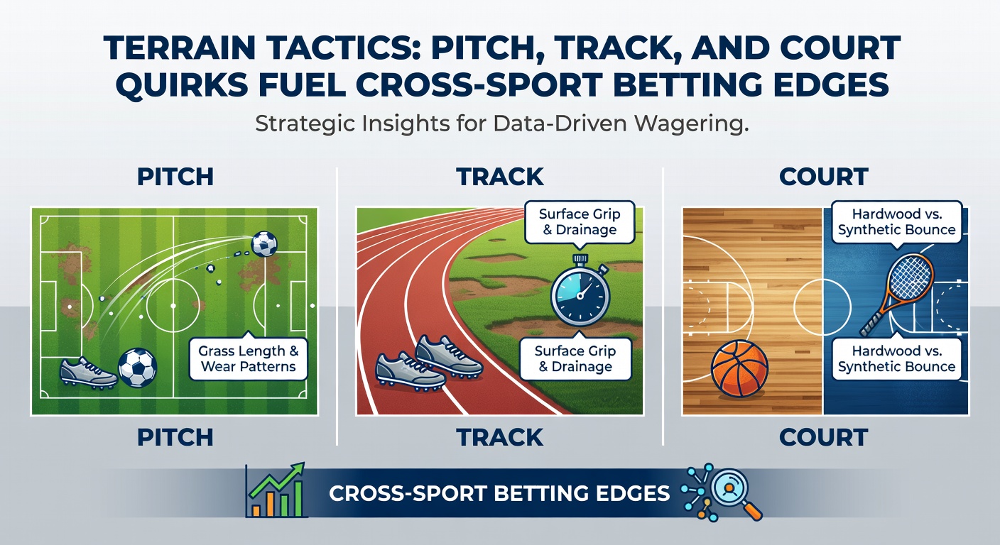 Close-up of a muddy horse racing track juxtaposed with a tennis clay court and soccer pitch under rain, illustrating terrain challenges for bettors
