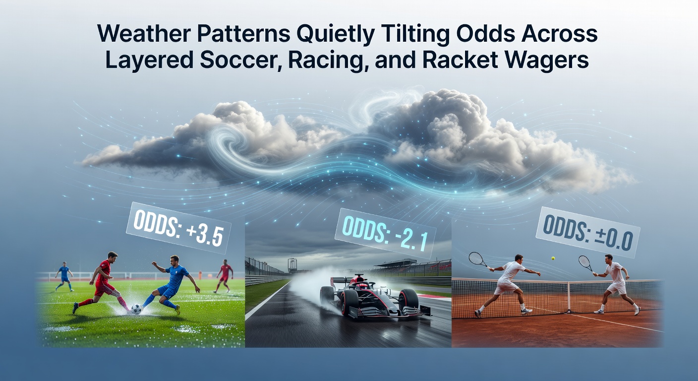 Weather data overlays on sports betting interfaces showing soccer pitches, race tracks, and tennis courts under varying conditions